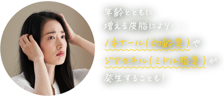 年齢とともに増える皮脂により ノネナール(加齢臭)やジアセチル(ミドル脂臭)が発生することも！