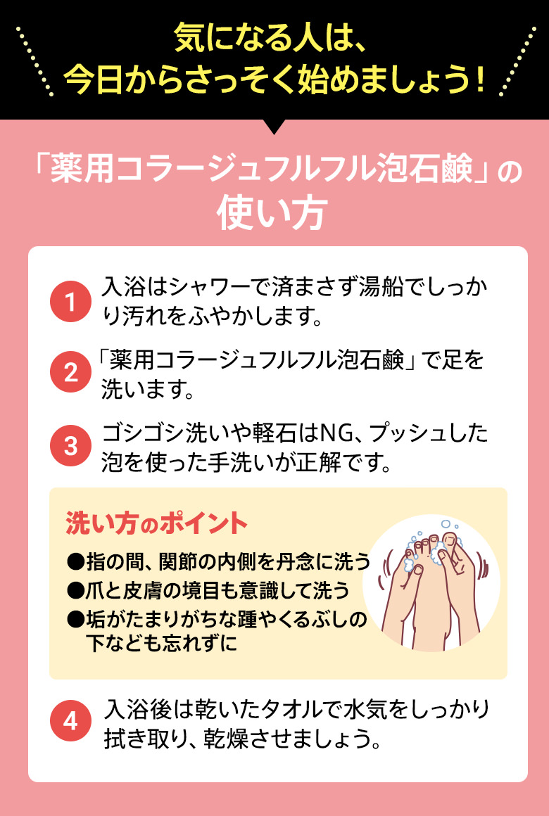 気になる人は、今日からさっそく始めましょう！「薬用コラージュフルフル泡石鹸」の使い方