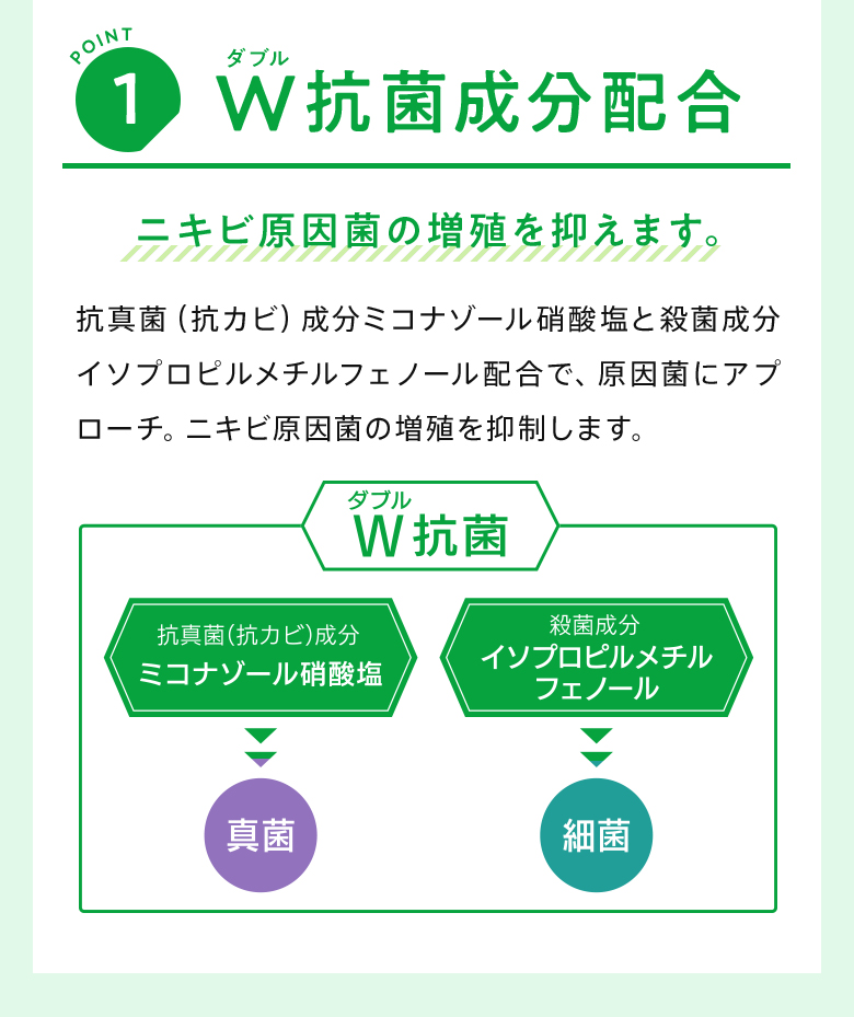 POINT1 W抗菌成分配合 ニキビ原因菌の増殖を抑えます。