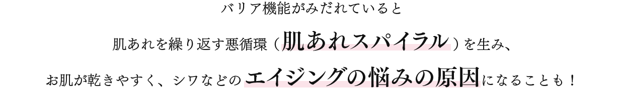 バリア機能がみだれていると肌あれを繰り返す悪循環（肌あれスパイラル）を生み、お肌が乾きやすく、シワなどのエイジングの悩みの原因になることも！