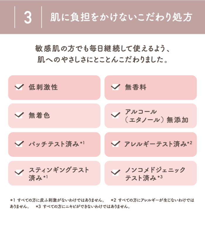 3 肌に負担をかけないこだわり処方 敏感肌の方でも毎日継続して使えるよう、肌へのやさしさにとことんこだわりました。低刺激性 無香料 無着色 アルコール（エタノール）無添加 パッチテスト済み＊1 アレルギーテスト済み＊2 スティンギングテスト済み＊1 ノンコメドジェニック
テスト済み＊3 ＊1 すべての方に皮ふ刺激がないわけではありません。　＊2 すべての方にアレルギーが生じないわけではありません。　＊3 すべての方にニキビができないわけではありません。
