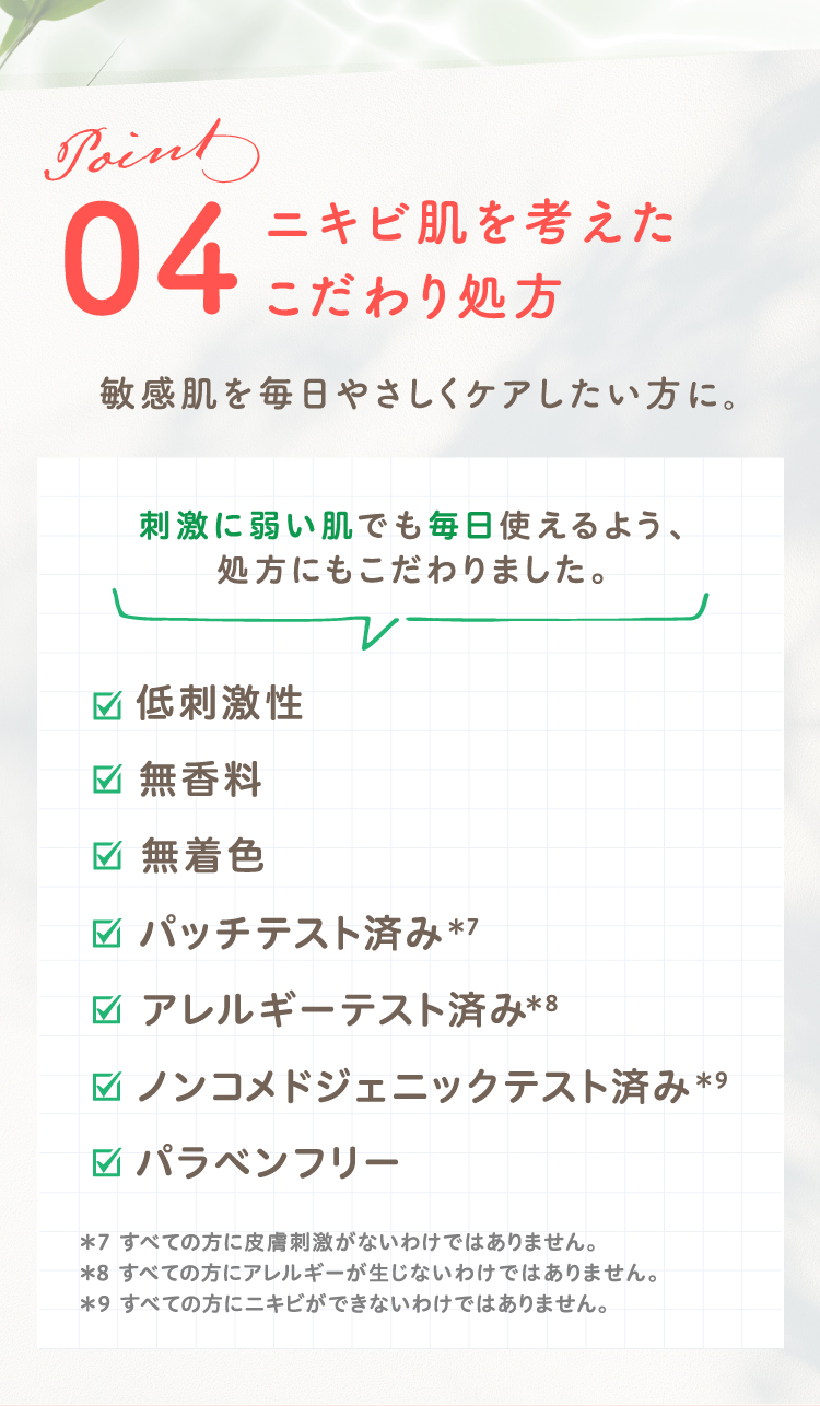 Point04 ニキビ肌を考えたこだわり処方 敏感肌を毎日やさしくケアしたい方に。 刺激に弱い肌でも毎日使えるよう、処方にもこだわりました。【低刺激性、無香料、無着色、パッチテスト済み*7、アレルギーテスト済み*8、ノンコメドジェニックテスト済み*9、パラベンフリー（*7 すべての方に皮膚刺激がないわけではありません。 *8 すべての方にアレルギーが生じないわけではありません。 *9 すべての方にニキビができないわけではありません。）】