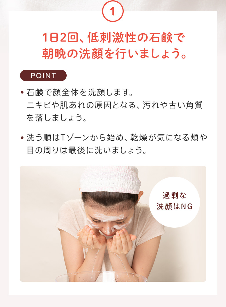 1：1日2回、低刺激性の石鹸で朝晩の洗顔を行いましょう。