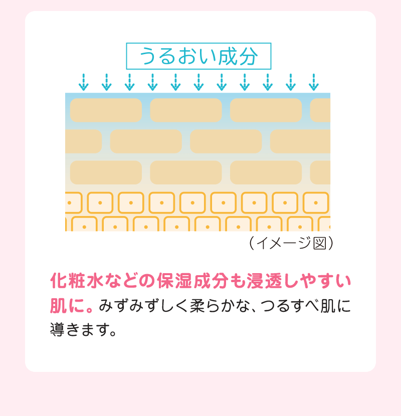 化粧水などの保湿成分も浸透しやすい肌に。みずみずしく柔らかな、つるすべ肌に導きます。