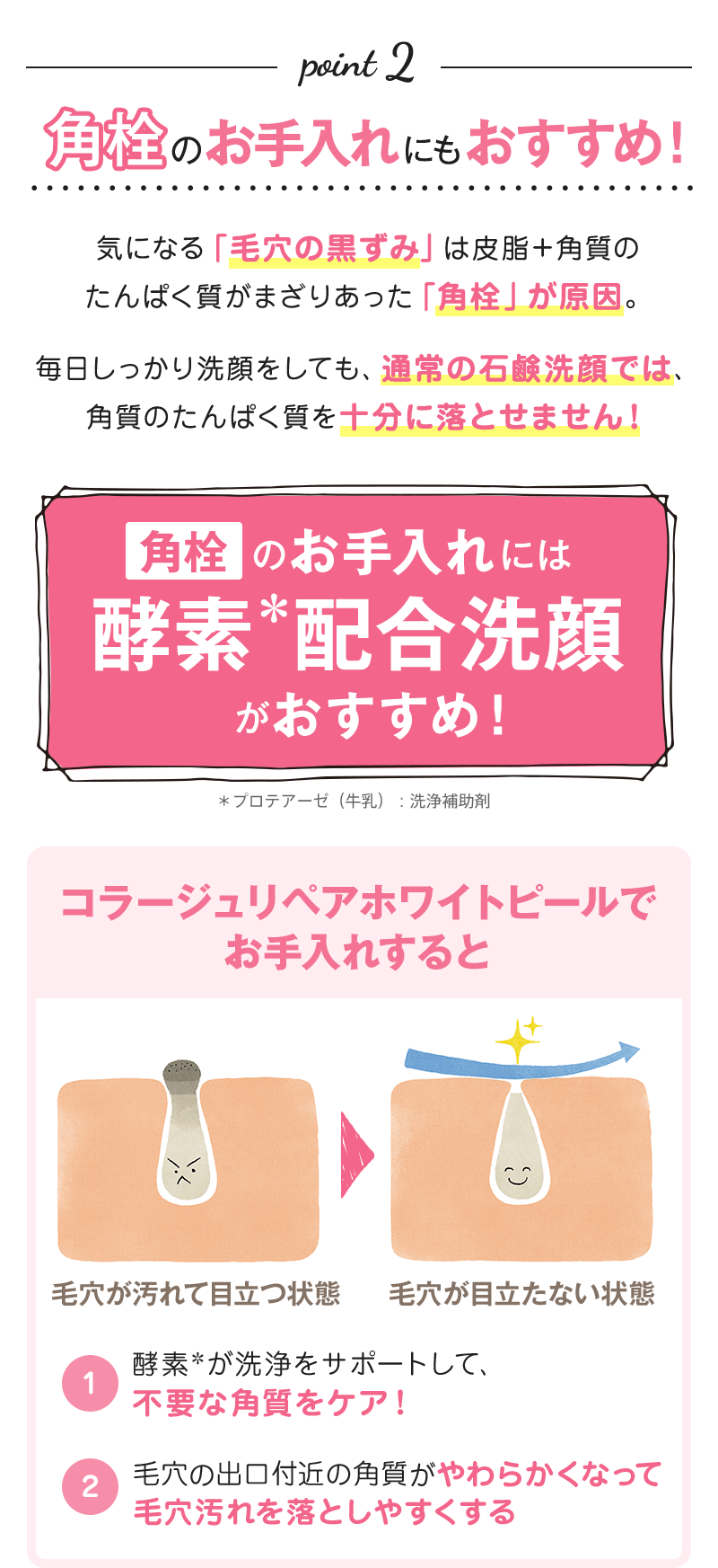 point 2 角栓のお手入れにもおすすめ！ 気になる「毛穴の黒ずみ」は皮脂＋角質のたんぱく質がまざりあった「角栓」が原因。毎日しっかり洗顔をしても、通常の石鹸洗顔では、角質のたんぱく質を十分に落とせません！ 角栓  のお手入れには酵素＊配合洗顔がおすすめ！ コラージュリペアホワイトピールでお手入れすると 1.酵素*が洗浄をサポートして、不要な角質をケア！2.毛穴の出口付近の角質がやわらかくなって毛穴汚れを落としやすくする