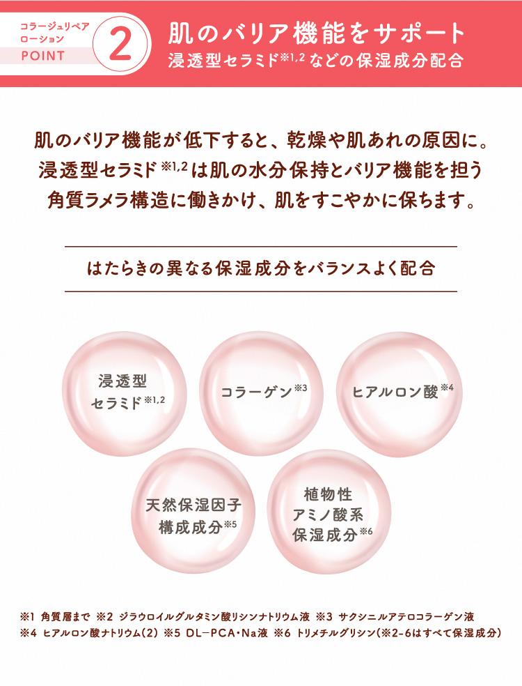 POINT2 肌のバリア機能をサポート 浸透型セラミドなどの保湿成分配合 肌のバリア機能が低下すると、乾燥や肌あれの原因に。浸透型セラミドは肌の水分保持とバリア機能を担う角質ラメラ構造に働きかけ、肌をすこやかに保ちます。