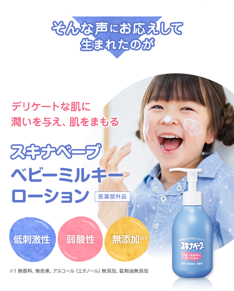 そんな声にお応えして生まれたのがデリケートな肌に潤いを与え、肌をまもる スキナベーブ ベビーミルキーローション[医薬部外品]【低刺激性】【弱酸性】【無添加※1】 ※1 無香料、無色素、アルコール（エタノール）無添加、鉱物油無添加