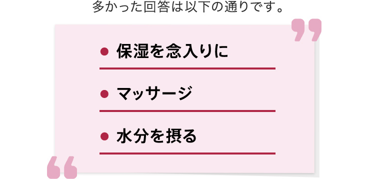 多かった回答は以下の通りです。 ●保湿を念入りに ●マッサージ ●水分を摂る